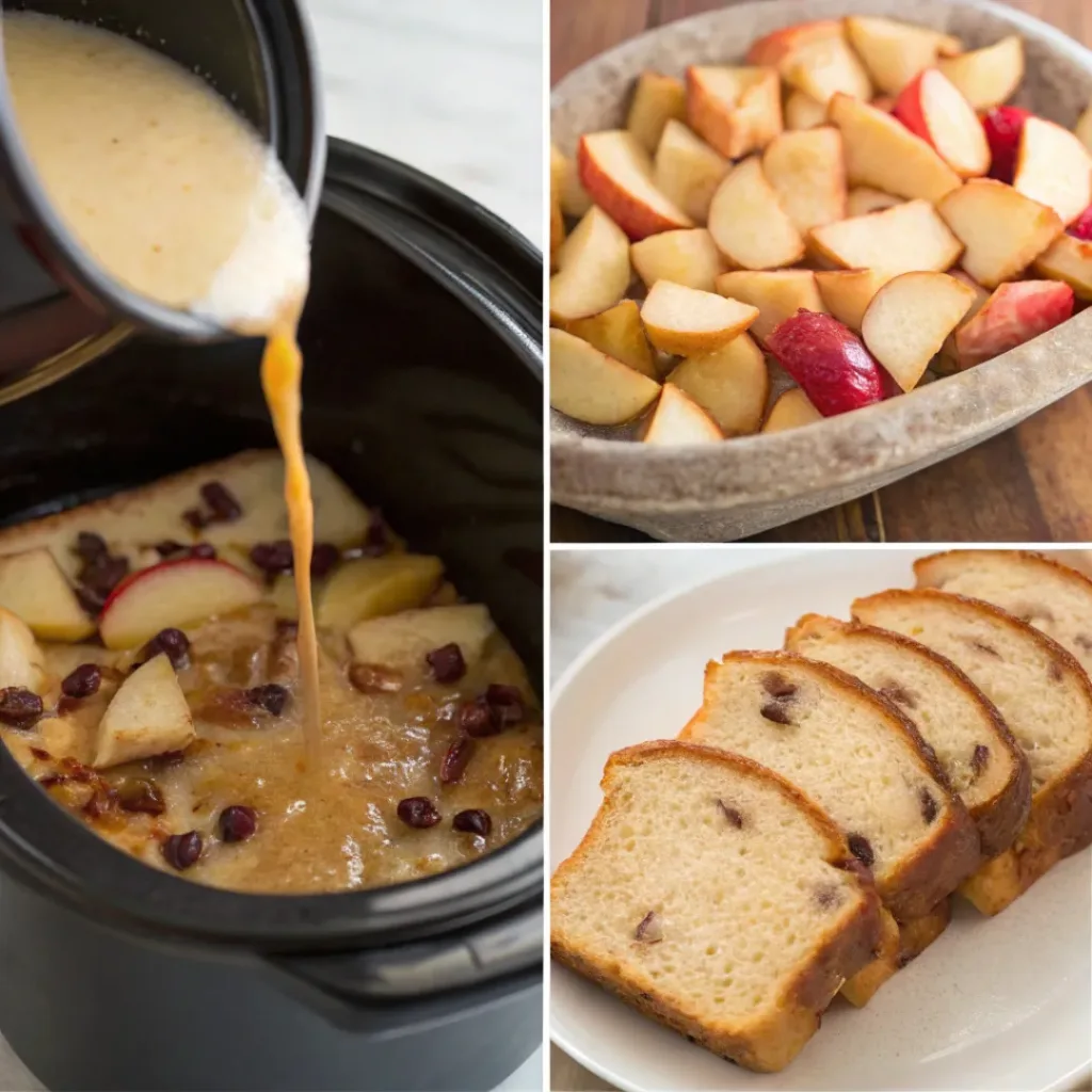 Warm Apple Raisin French Toast Casserole – Slow Cooker Style 7 Step-by-step collage of how to make crock pot apple raisin french toast