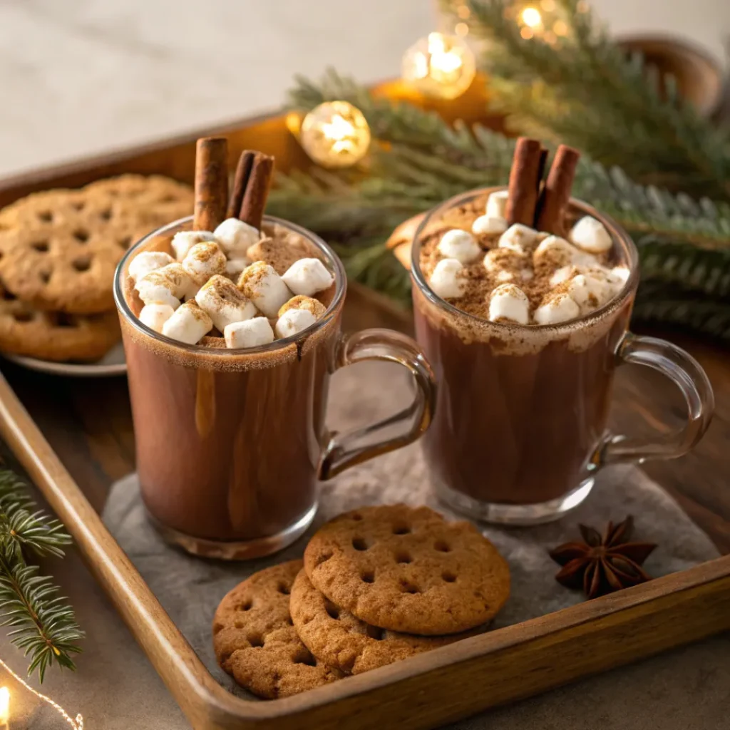 Mugs of crock pot hot chocolate with whipped cream and cinnamon alongside cookies
