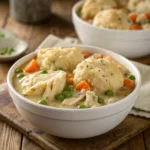 Bowl of creamy chicken and dumplings from the slow cooker