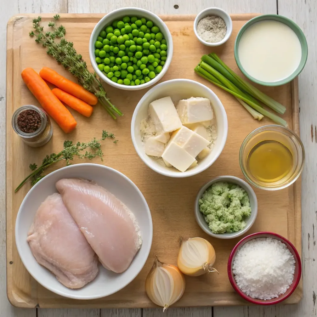 Crockpot Chicken and Dumplings – Comforting Slow Cooker Meal 6 Overhead view of fresh ingredients for crockpot chicken and dumplings