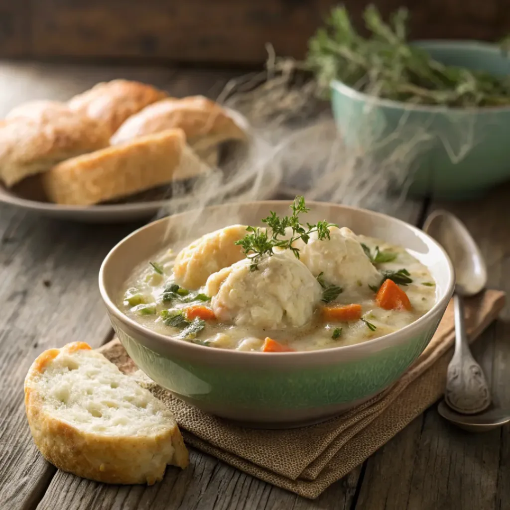 Crockpot Chicken and Dumplings – Comforting Slow Cooker Meal 8 Creamy crockpot chicken and dumplings served with bread and herbs