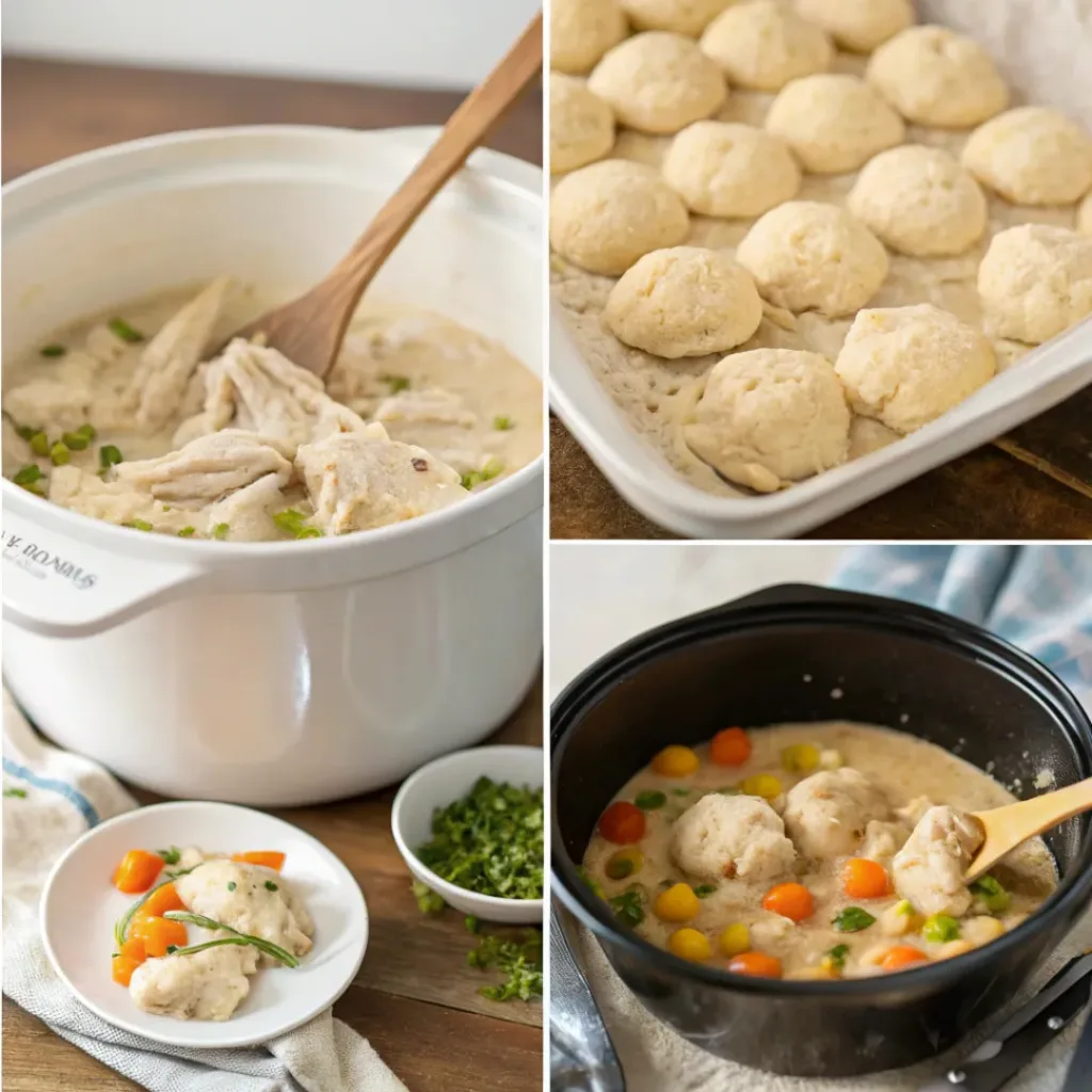 Crockpot Chicken and Dumplings – Comforting Slow Cooker Meal 7 Step-by-step collage showing how to make crockpot chicken and dumplings