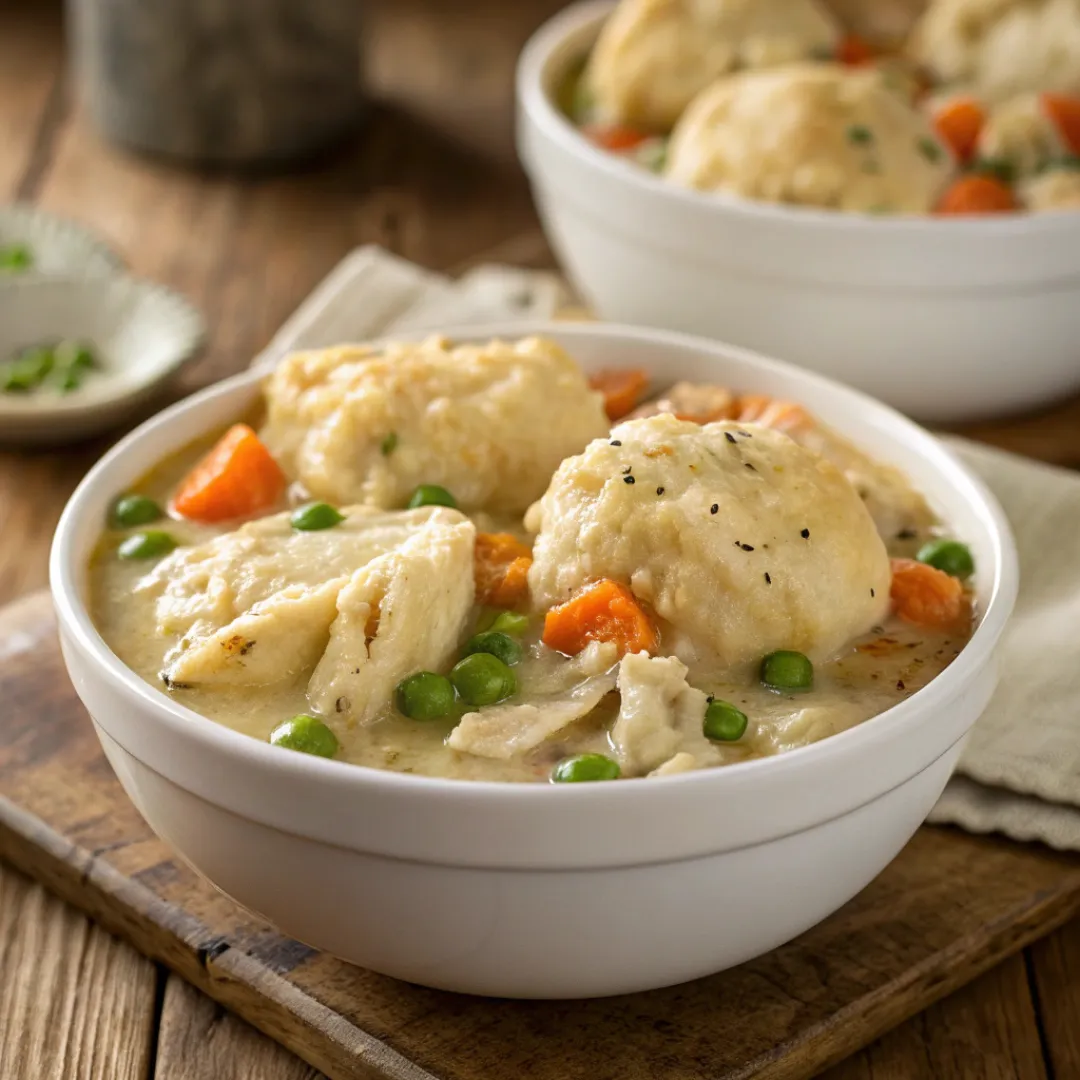 Bowl of creamy chicken and dumplings from the slow cooker
