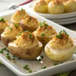 Plate of deviled potatoes topped with paprika and chives