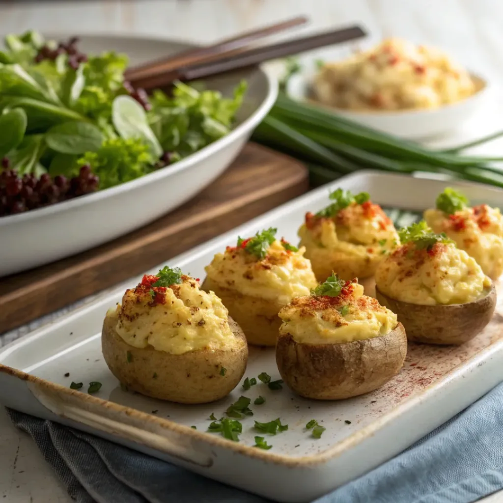Mini Deviled Potatoes – Bite-Sized Crowd Pleasers 8 Deviled potatoes on serving tray with salad