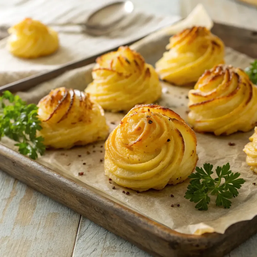 Golden baked Duchess potatoes piped into elegant swirls