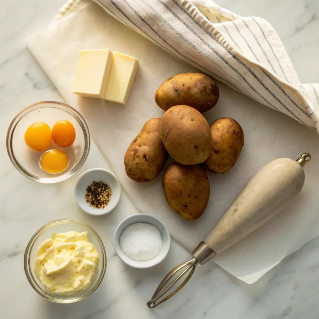 Easy Duchess Potatoes – Classic French Side Dish 6 Ingredients for Duchess potatoes including potatoes, eggs, and butter