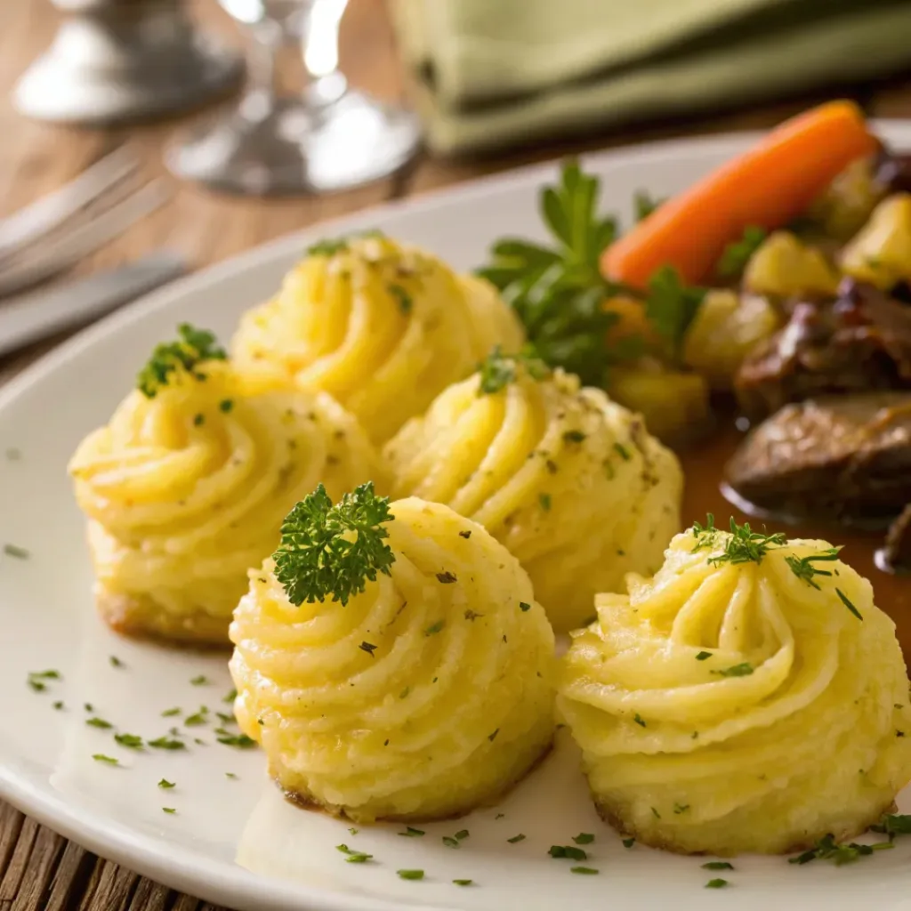 Easy Duchess Potatoes – Classic French Side Dish 8 Duchess potatoes served on a plate with golden crust and herbs