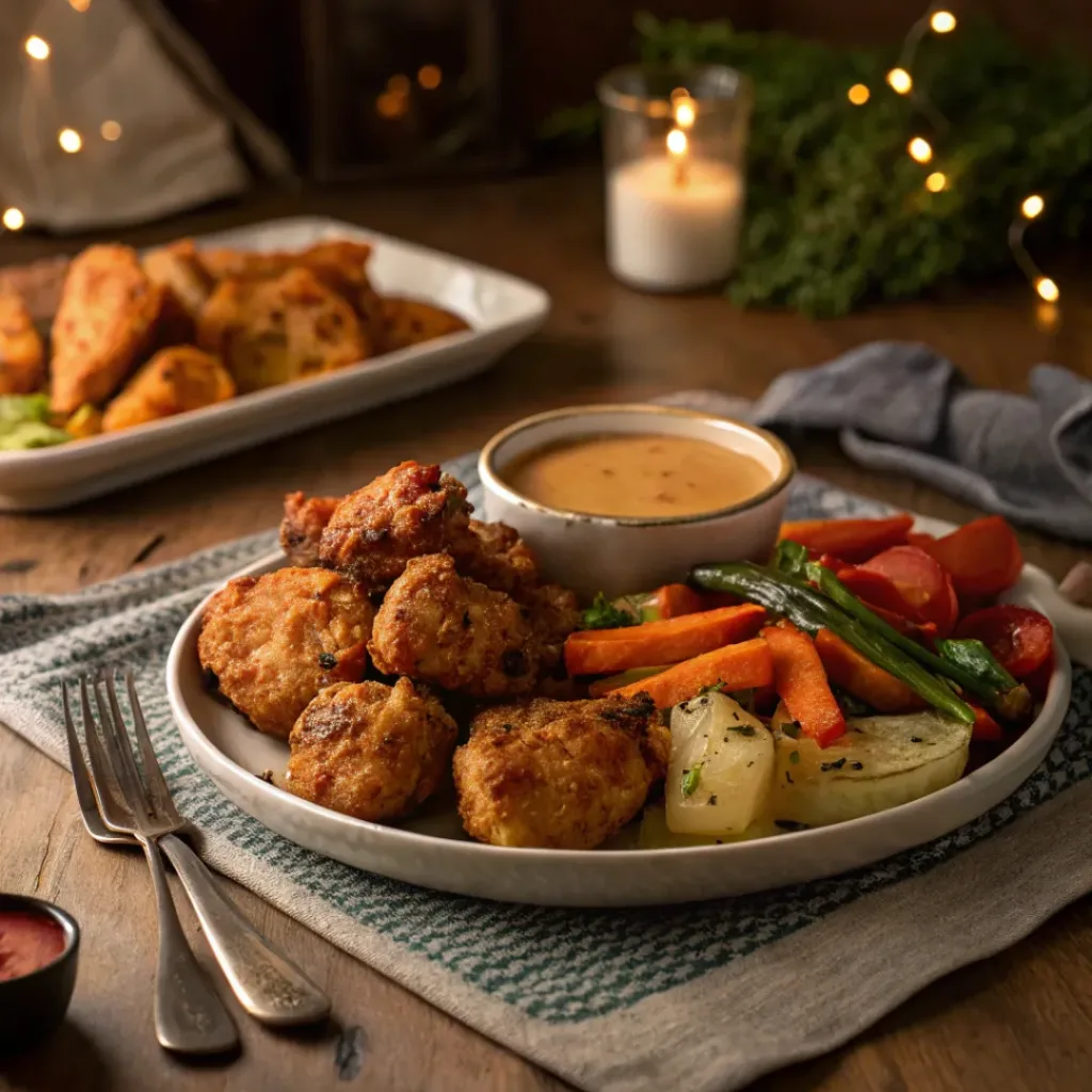 Crispy Baked Chicken Bites – Perfect Family Meal 8 Baked chicken bites served with roasted vegetables and dipping sauce