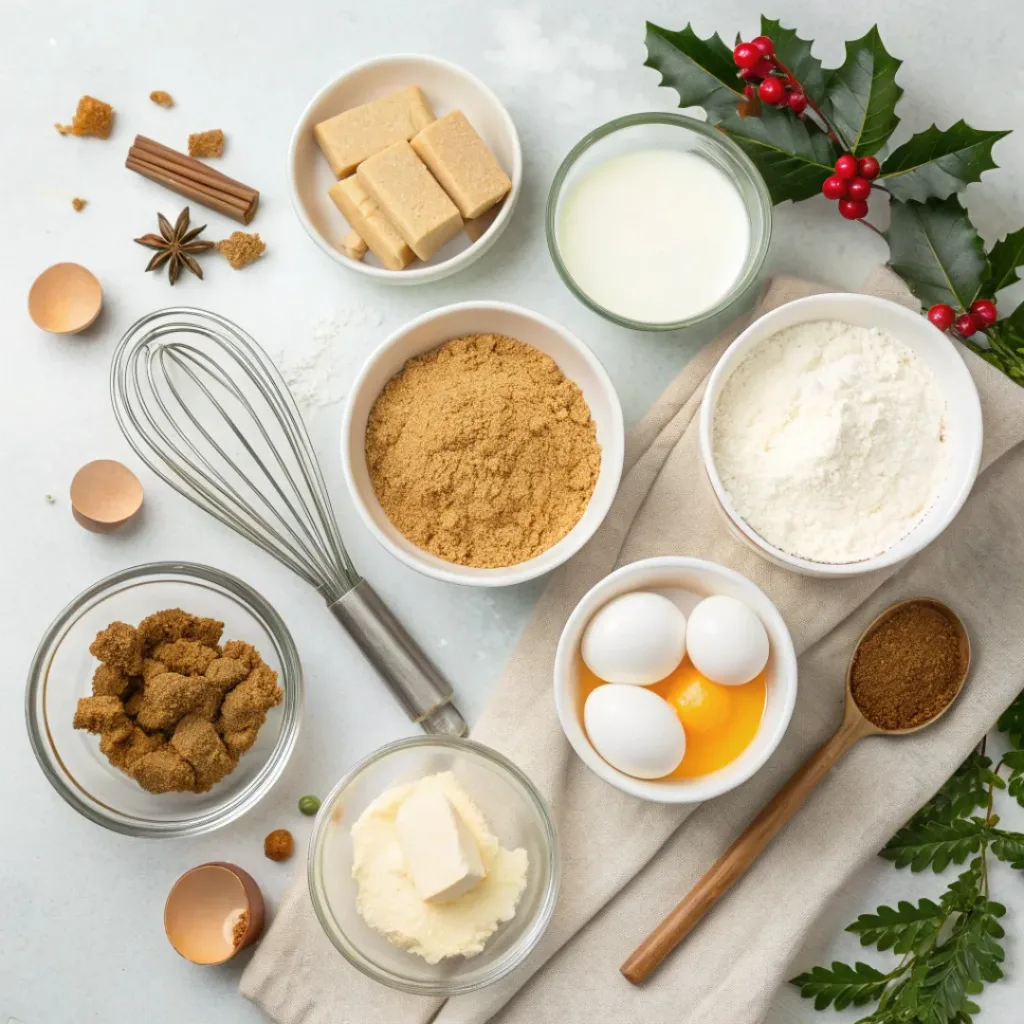 Eggnog Pie – Creamy Holiday Dessert with a Festive Touch 6 Flat lay of ingredients for Eggnog Pie