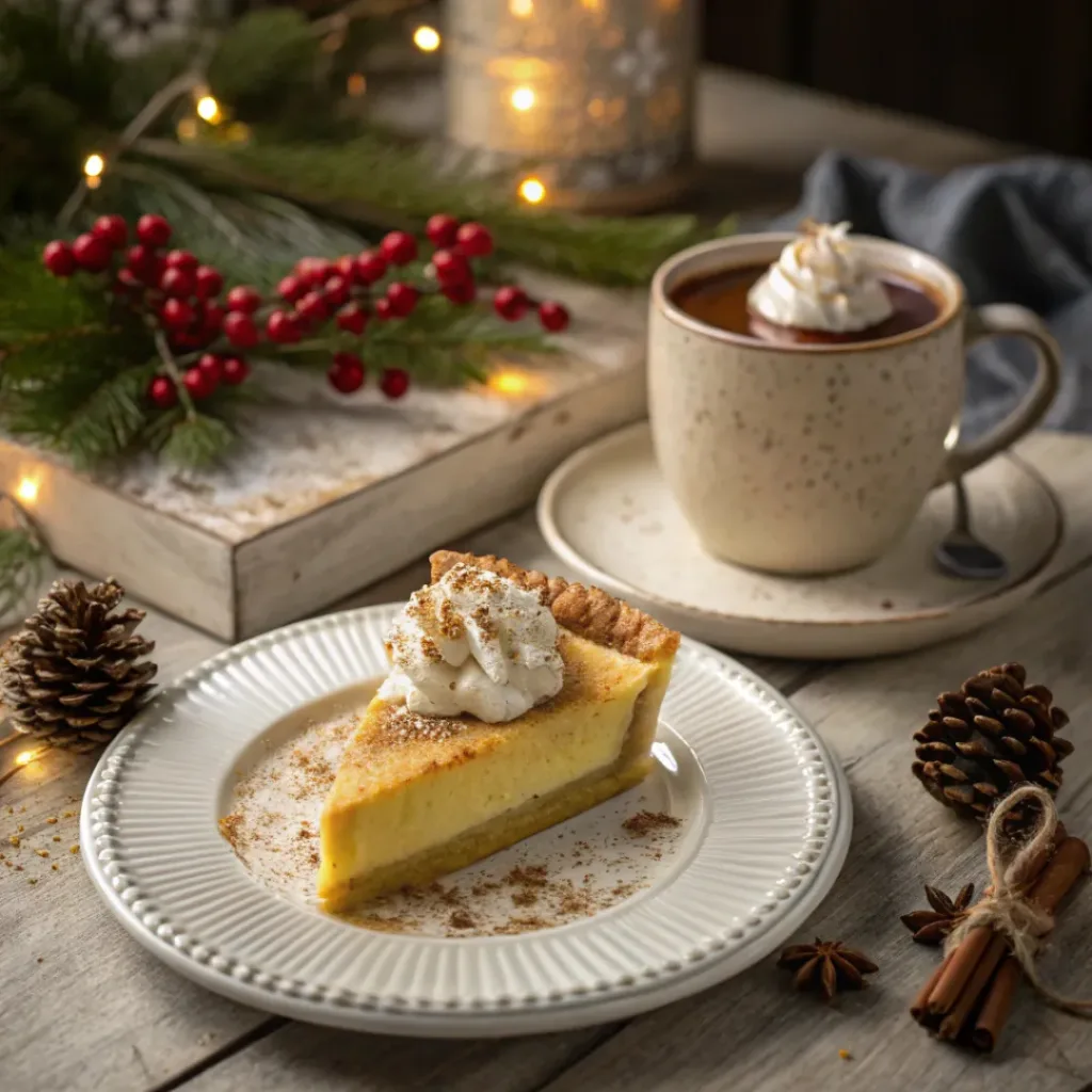 Eggnog Pie – Creamy Holiday Dessert with a Festive Touch 8 Slice of Eggnog Pie with whipped cream served beside coffee