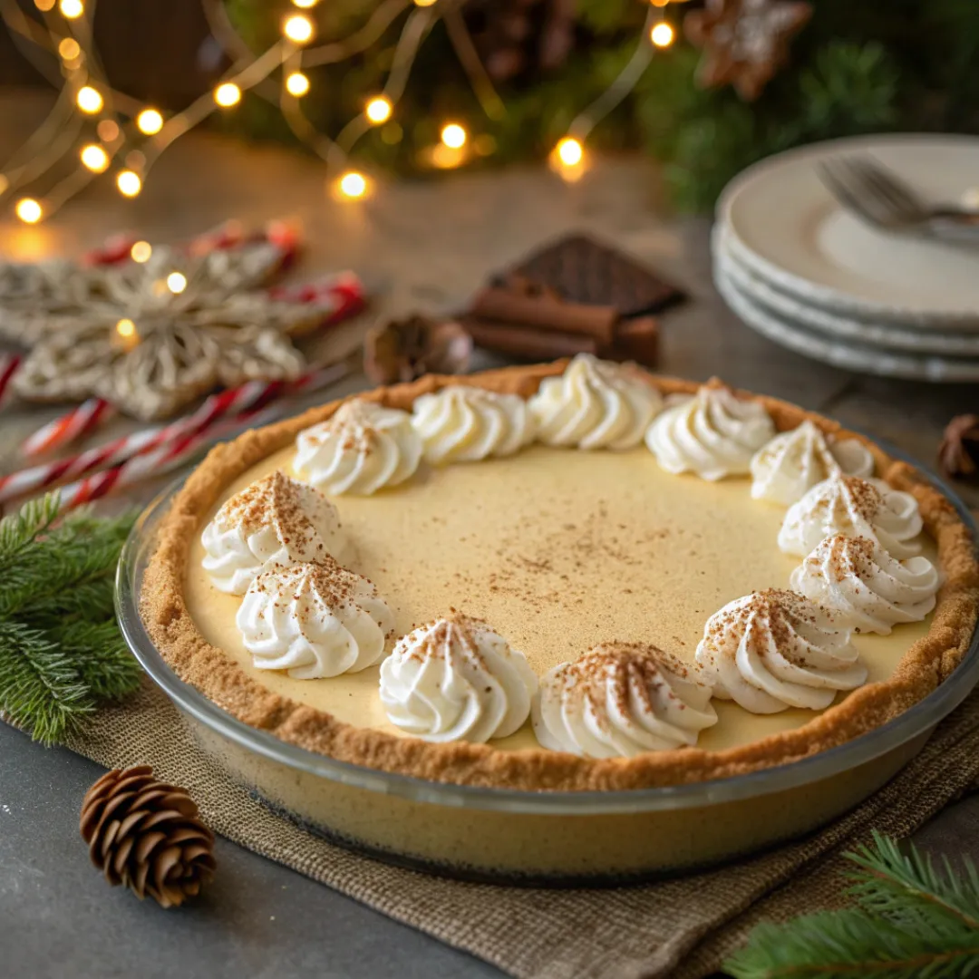 Eggnog Pie – Creamy Holiday Dessert with a Festive Touch 5 Eggnog Pie topped with whipped cream and nutmeg