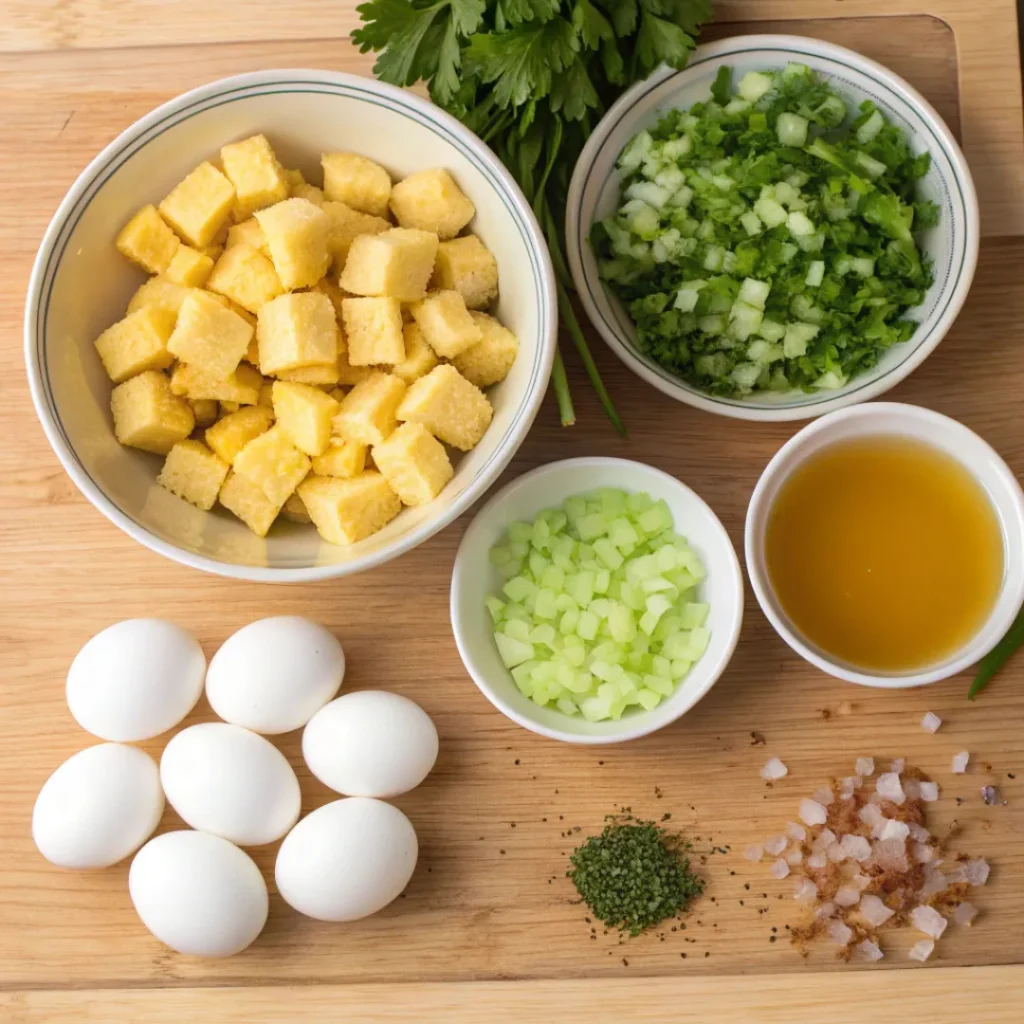 Overhead arrangement of cornbread and vegetables