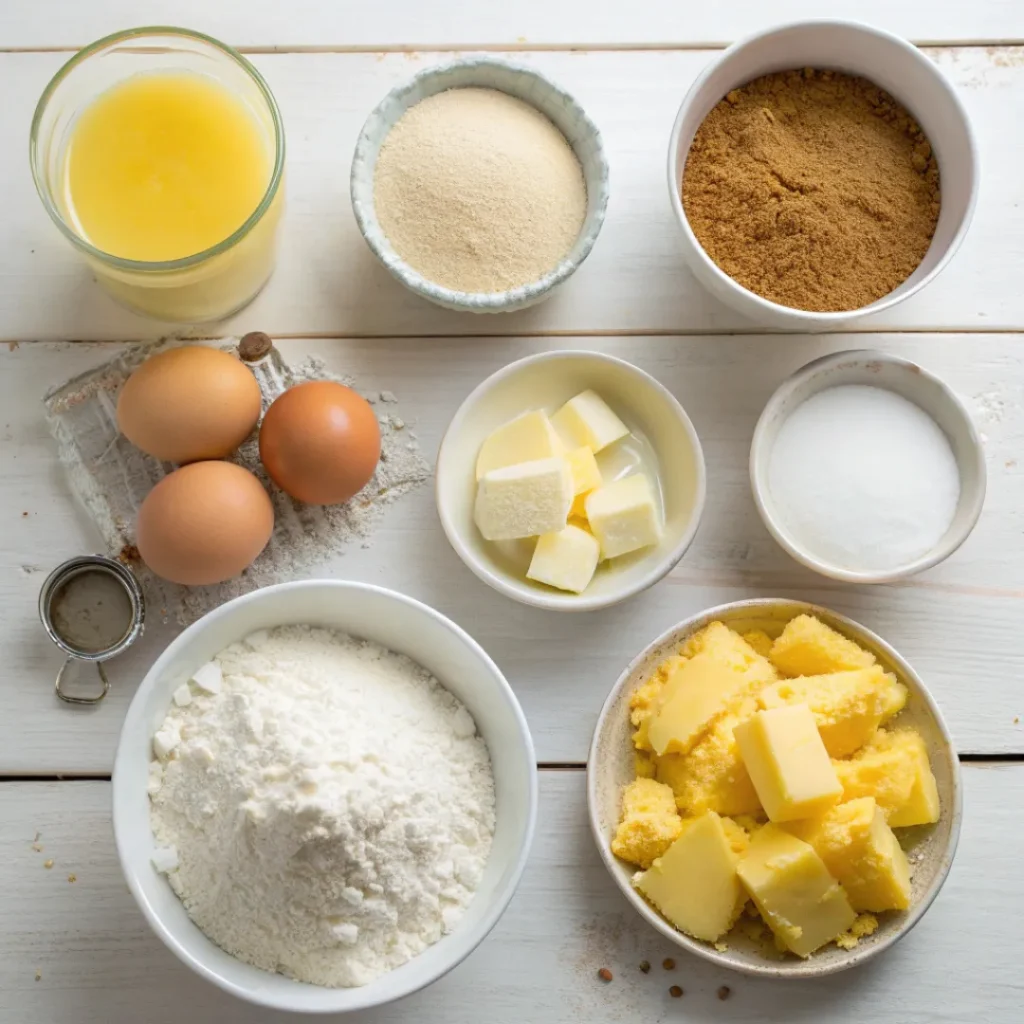 Overhead view of baking ingredients including pineapple juice and flour