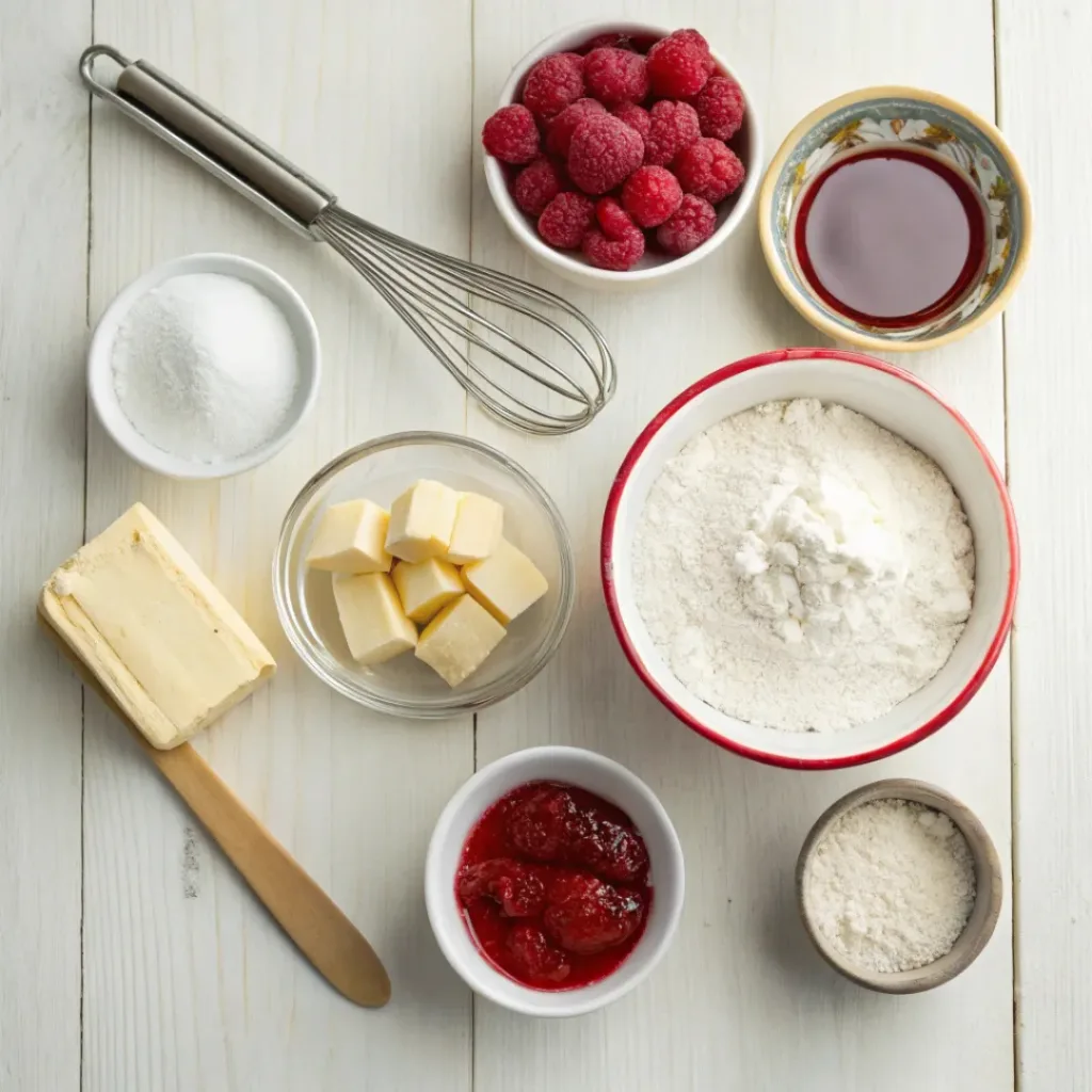 Flat lay of ingredients for Raspberry Shortbread Swirl Cookies