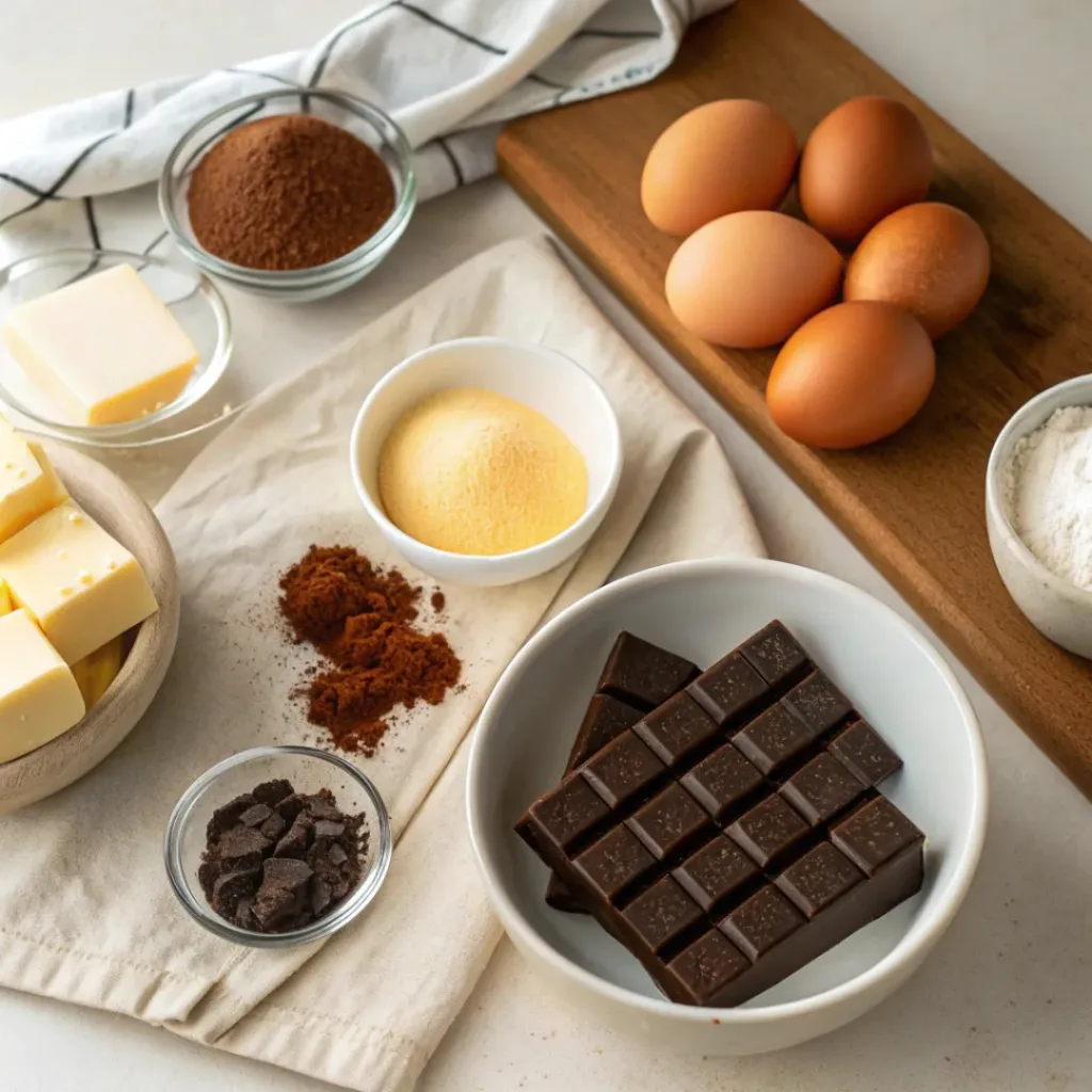 Flourless Chocolate Cake – Rich, Decadent, and Gluten-Free 6 Ingredients for flourless chocolate cake on counter