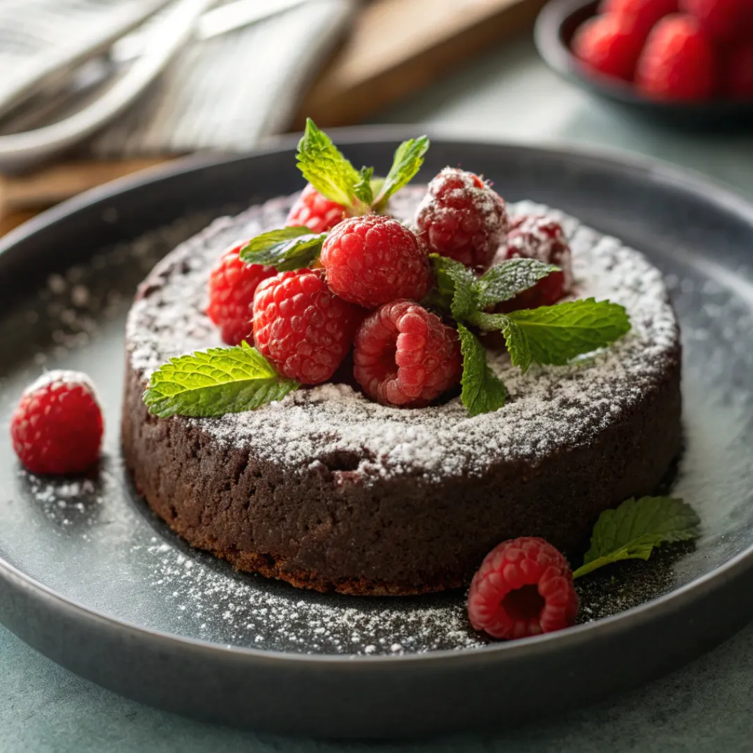 Rich flourless chocolate cake with powdered sugar and raspberries