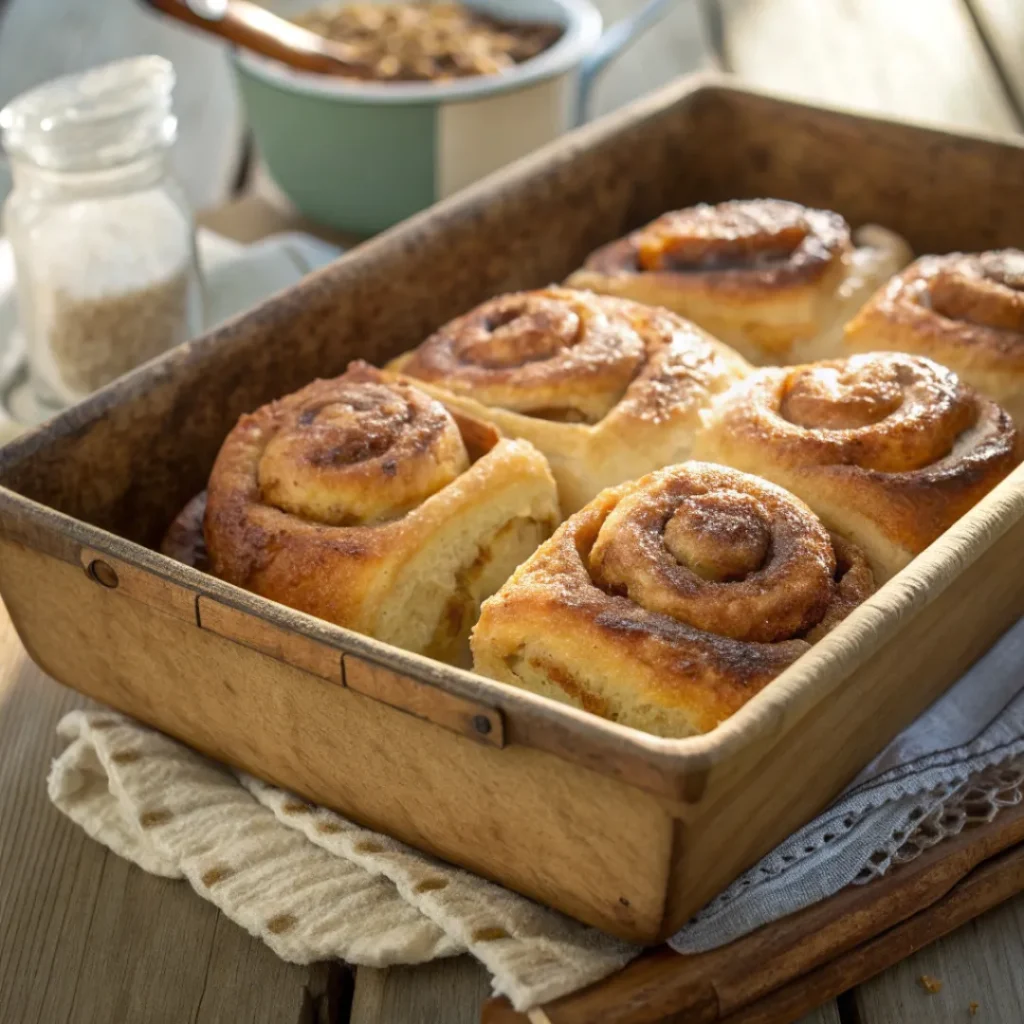Golden brown pull apart rolls with cinnamon sugar layers in baking pan