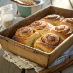 Golden brown pull apart rolls with cinnamon sugar layers in baking pan