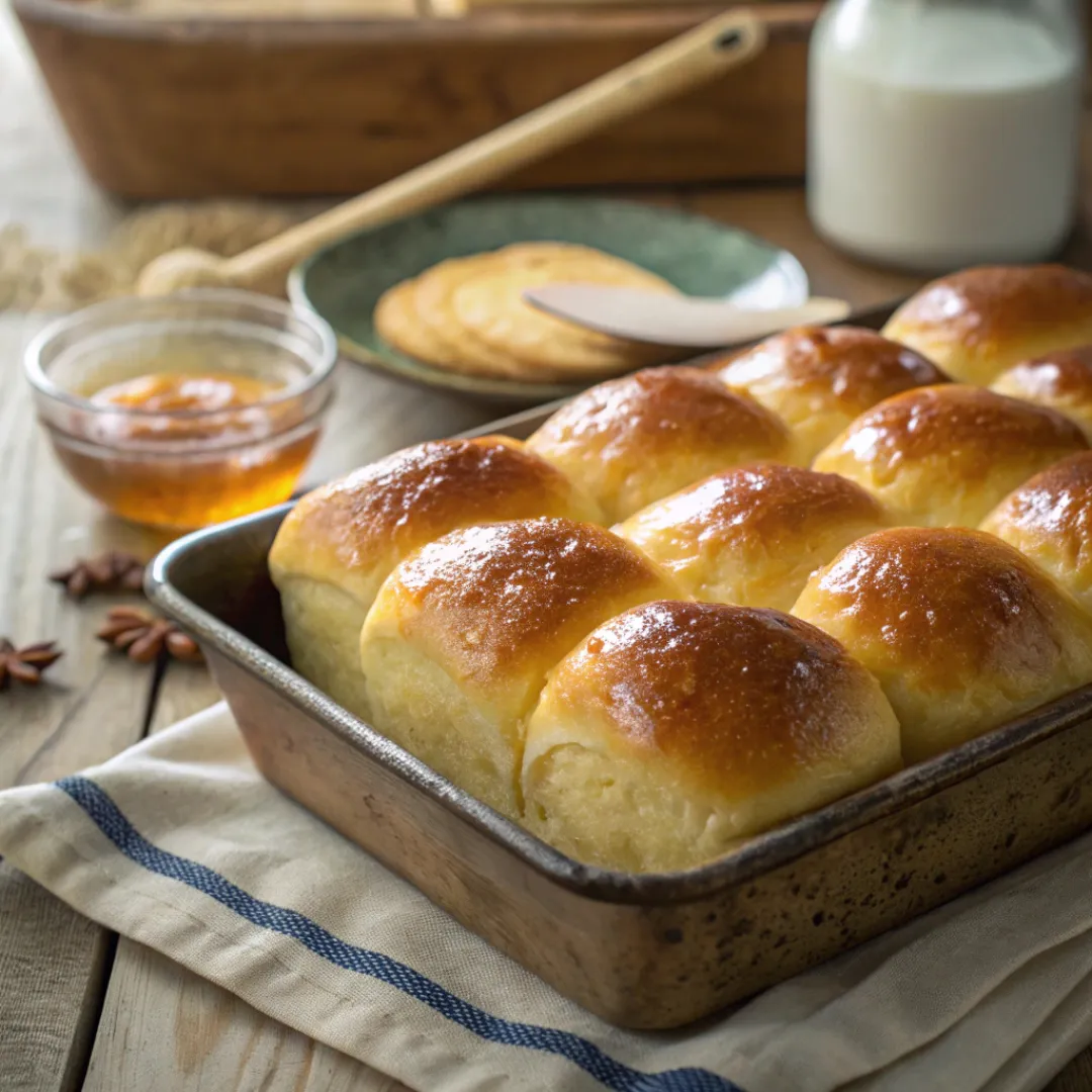 Golden, soft Hawaiian rolls in a baking pan with shiny glaze