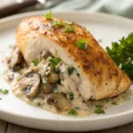 Close-up of baked garlic butter mushroom stuffed chicken with creamy filling