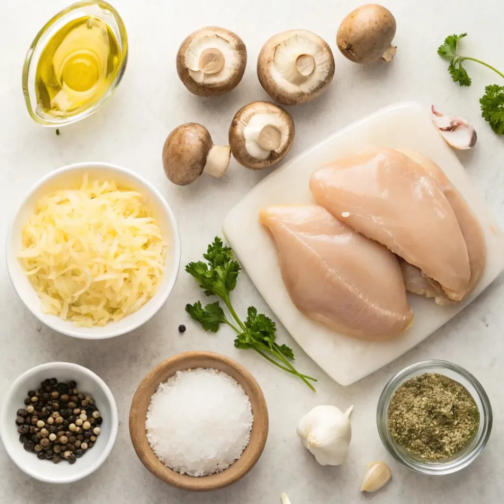Overhead view of ingredients for Garlic Butter Mushroom Stuffed Chicken