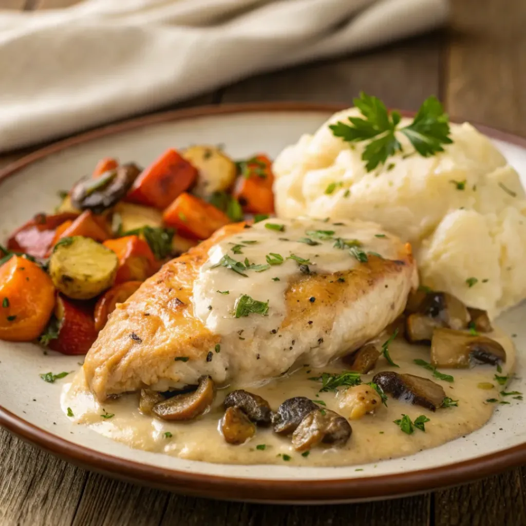 Garlic butter mushroom stuffed chicken plated with roasted vegetables and mashed potatoes