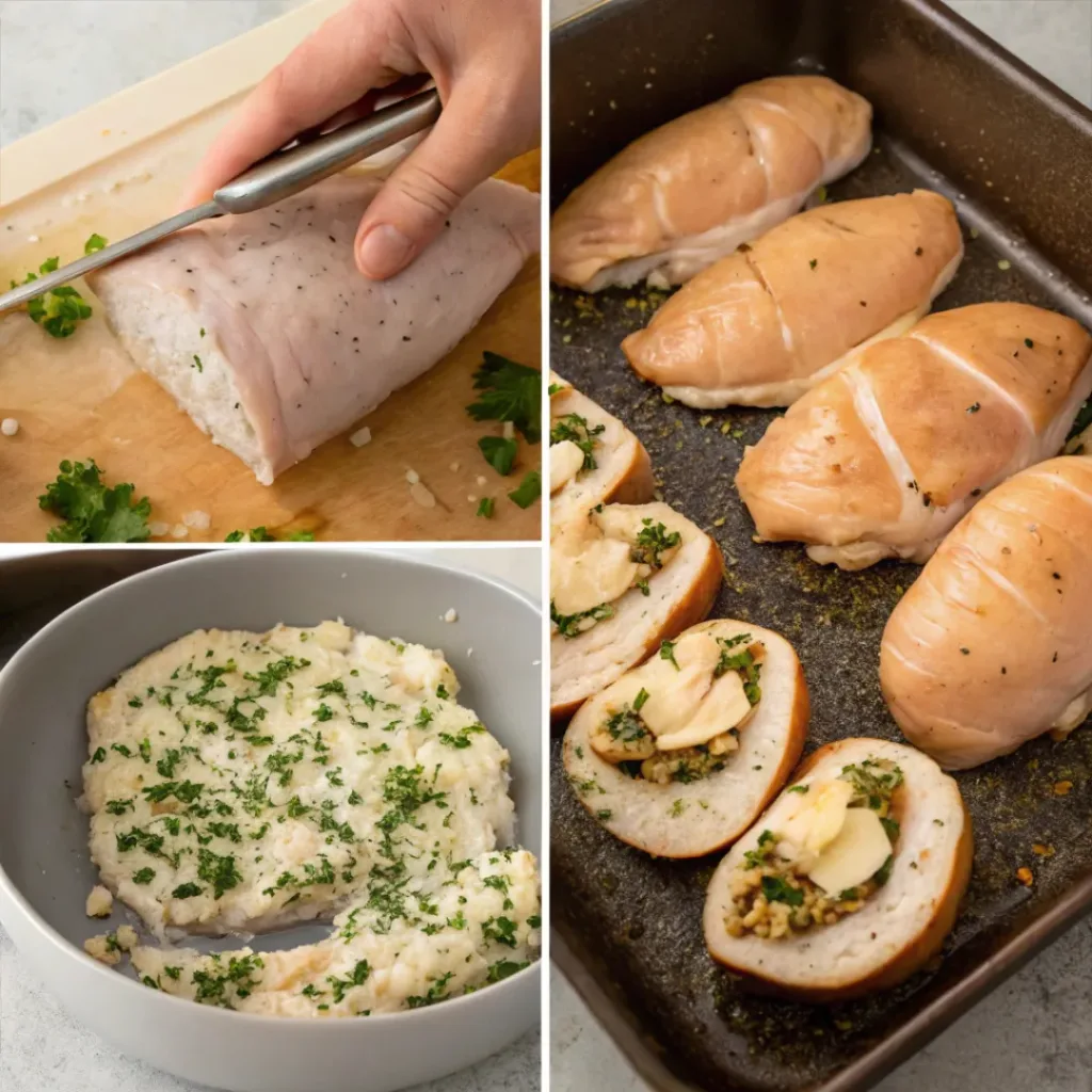 Collage showing preparation and baking steps of garlic butter mushroom stuffed chicken