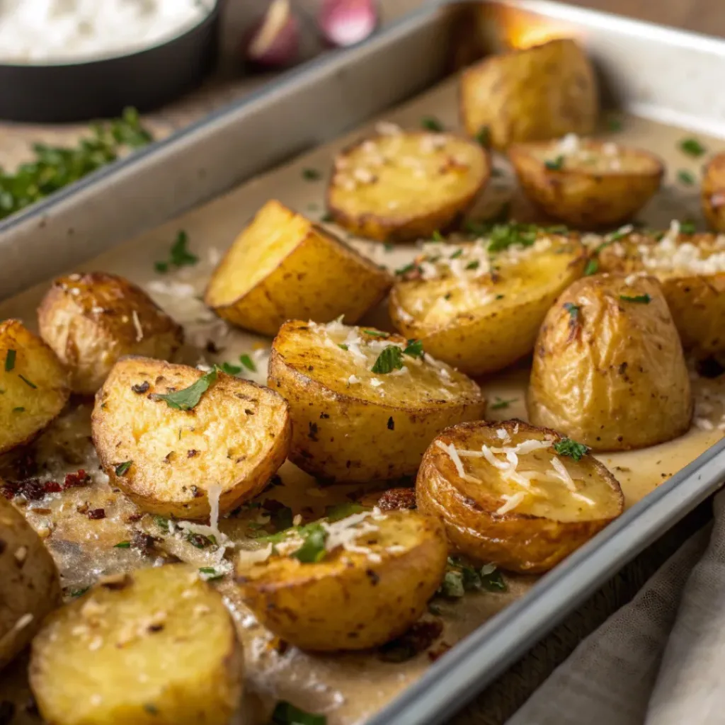 Golden garlic parmesan roasted potatoes on baking sheet