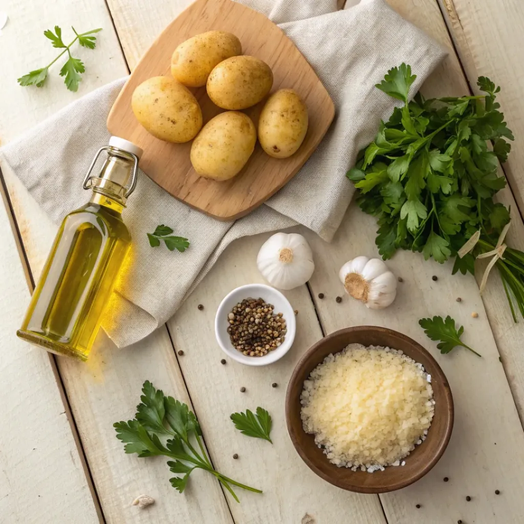 Garlic Parmesan Roasted Potatoes – Crispy & Flavorful Side Dish 6 Flat lay of ingredients for garlic parmesan roasted potatoes