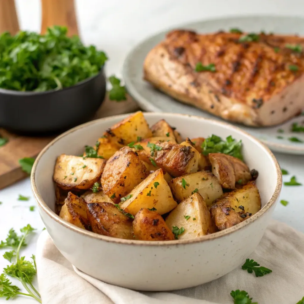 Garlic Parmesan Roasted Potatoes – Crispy & Flavorful Side Dish 8 Bowl of garlic parmesan roasted potatoes served as side dish