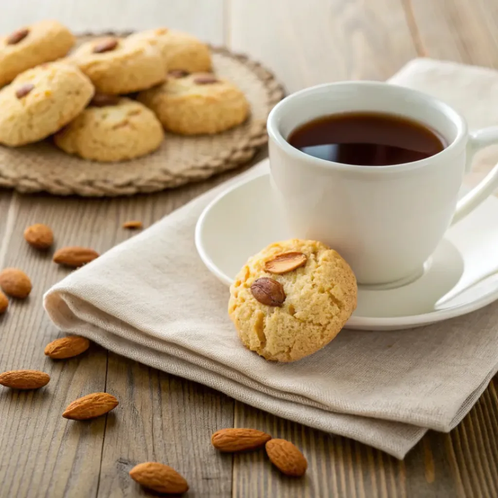 Crispy and Flavorful Almond Cookies – German Recipe 8 German Almond Cookies served with a cup of coffee