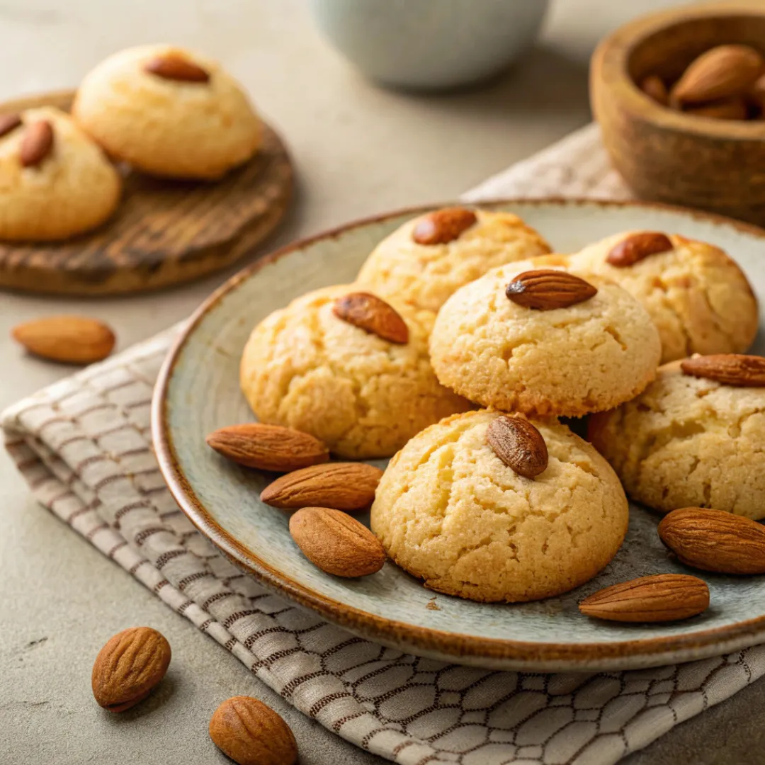 Crispy and Flavorful Almond Cookies – German Recipe 5 Freshly baked German Almond Cookies on a plate