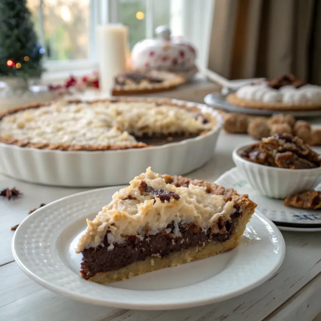 German Chocolate Pie – Rich, Decadent, and Irresistible 8 a slice of German chocolate pie served with coffee and chocolate shavings