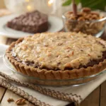 German chocolate pie topped with coconut-pecan frosting