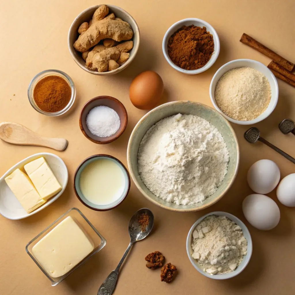Flat lay of ingredients for Gingerbread Layer Cake
