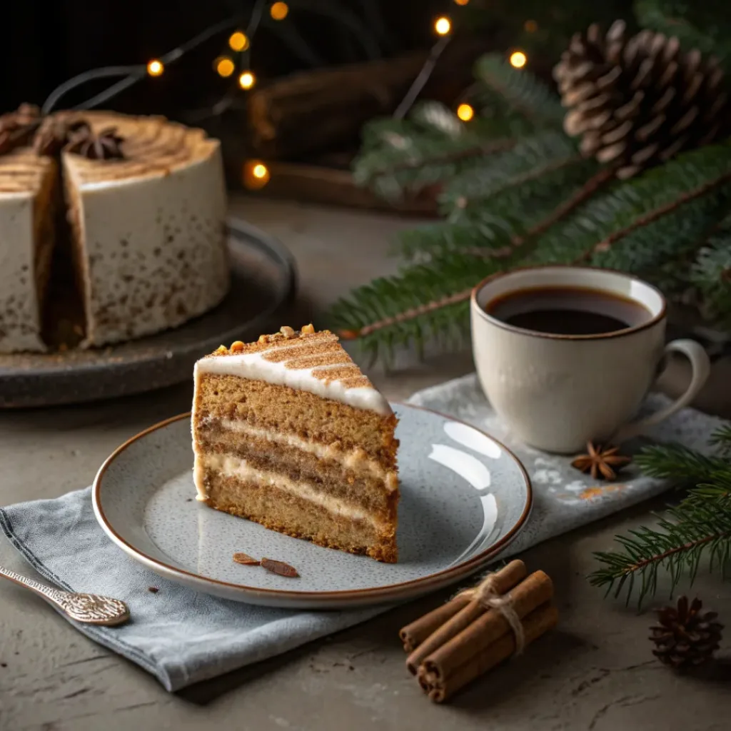 Slice of Gingerbread Layer Cake served with coffee