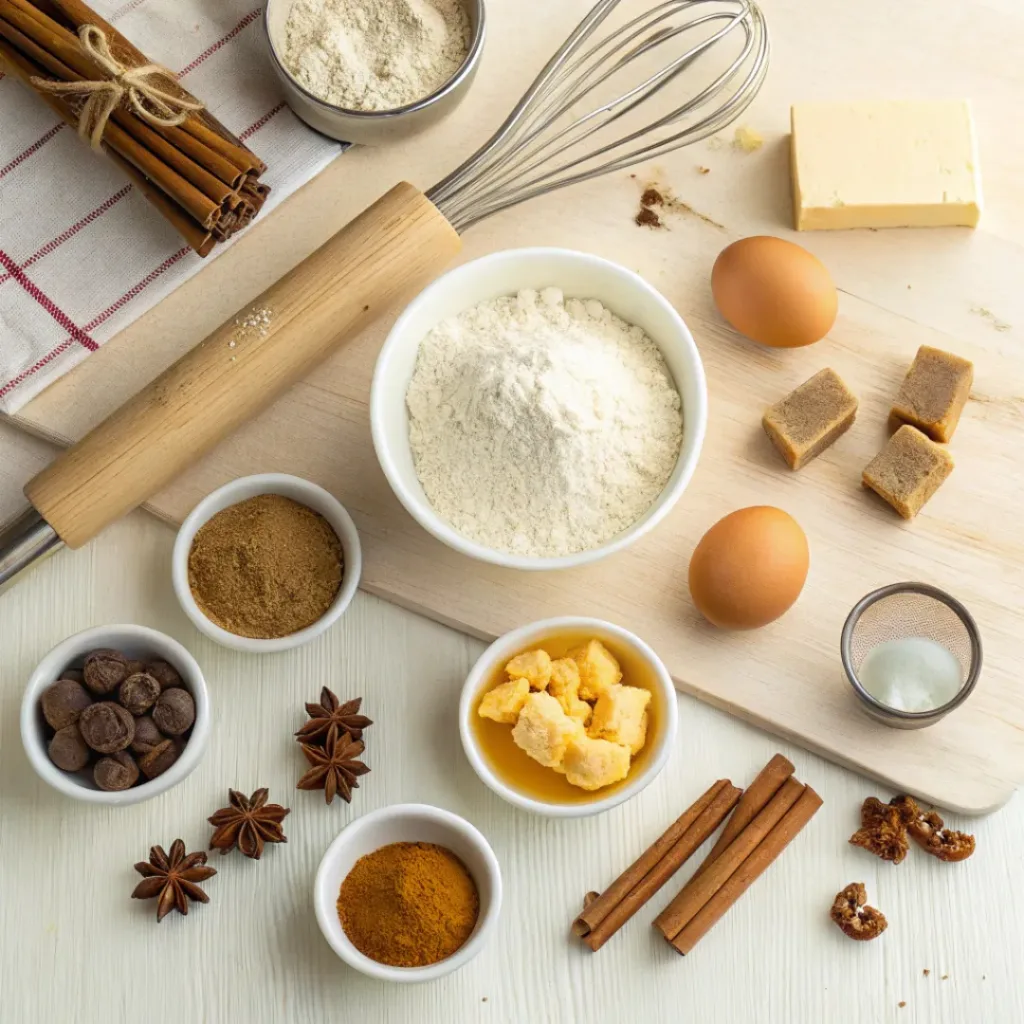 Gingerbread Cookies – Warmly Spiced and Perfectly Soft 6 Flat lay of ingredients to make Gingerbread Cookies