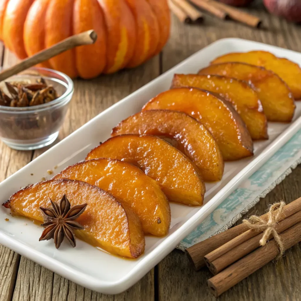 Shiny candied pumpkin slices on a serving dish with spices