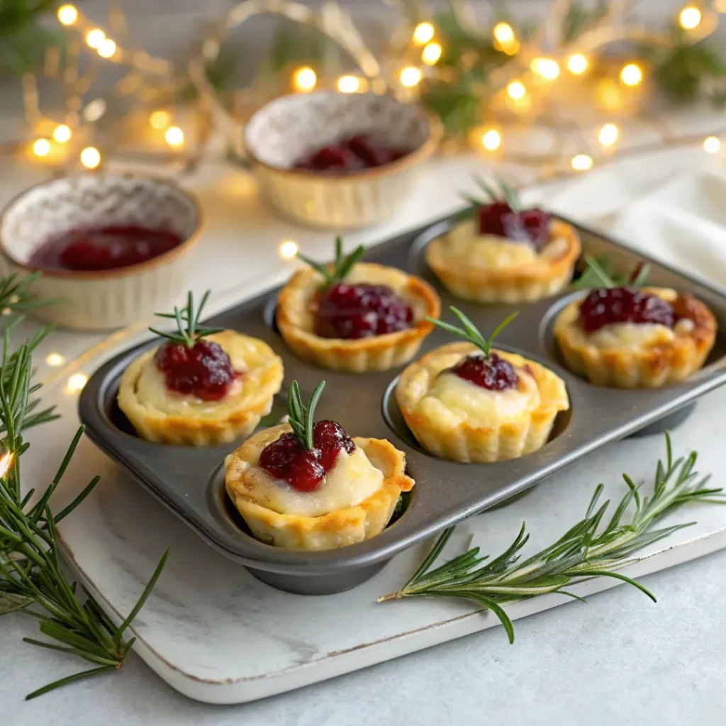 Baked puff pastry cups filled with brie cheese and cranberry sauce