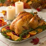 Roast Turkey – Moist & Delicious Meal 9 Whole roast turkey on a platter with herbs and fruit garnish