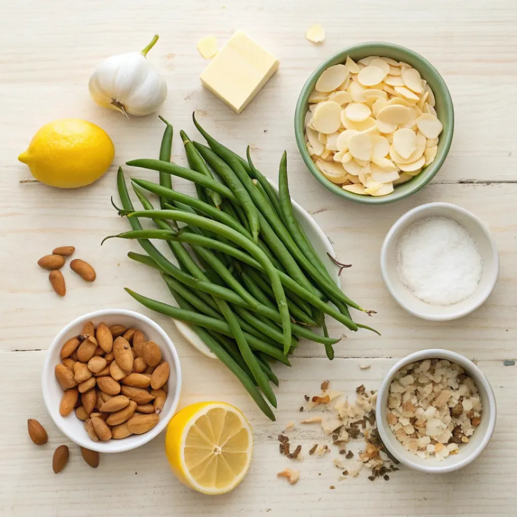 Green Bean Almondine – A Simple, Elegant Vegetable Side Dish 6 Overhead view of ingredients for green bean almondine
