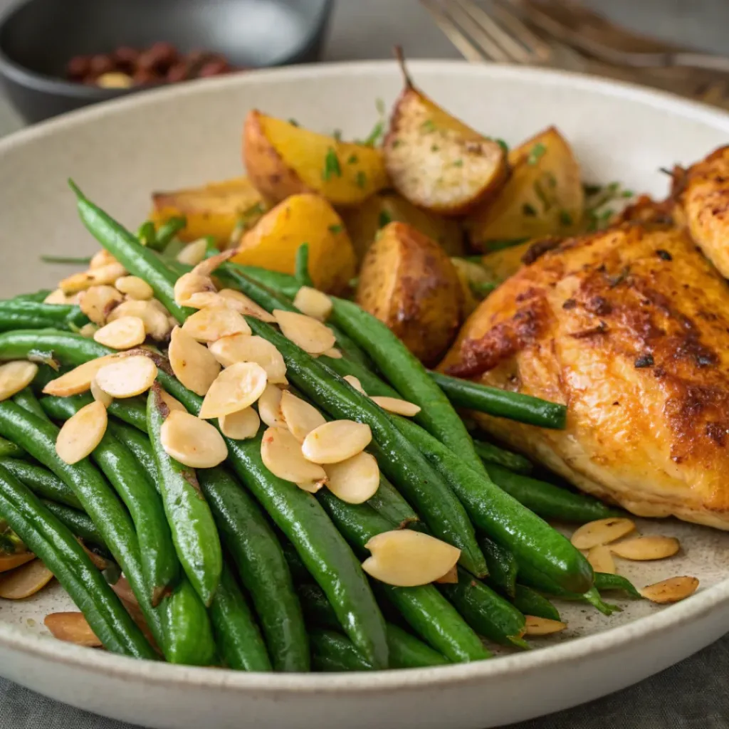 Green Bean Almondine – A Simple, Elegant Vegetable Side Dish 8 Green bean almondine served with roasted chicken and mashed potatoes