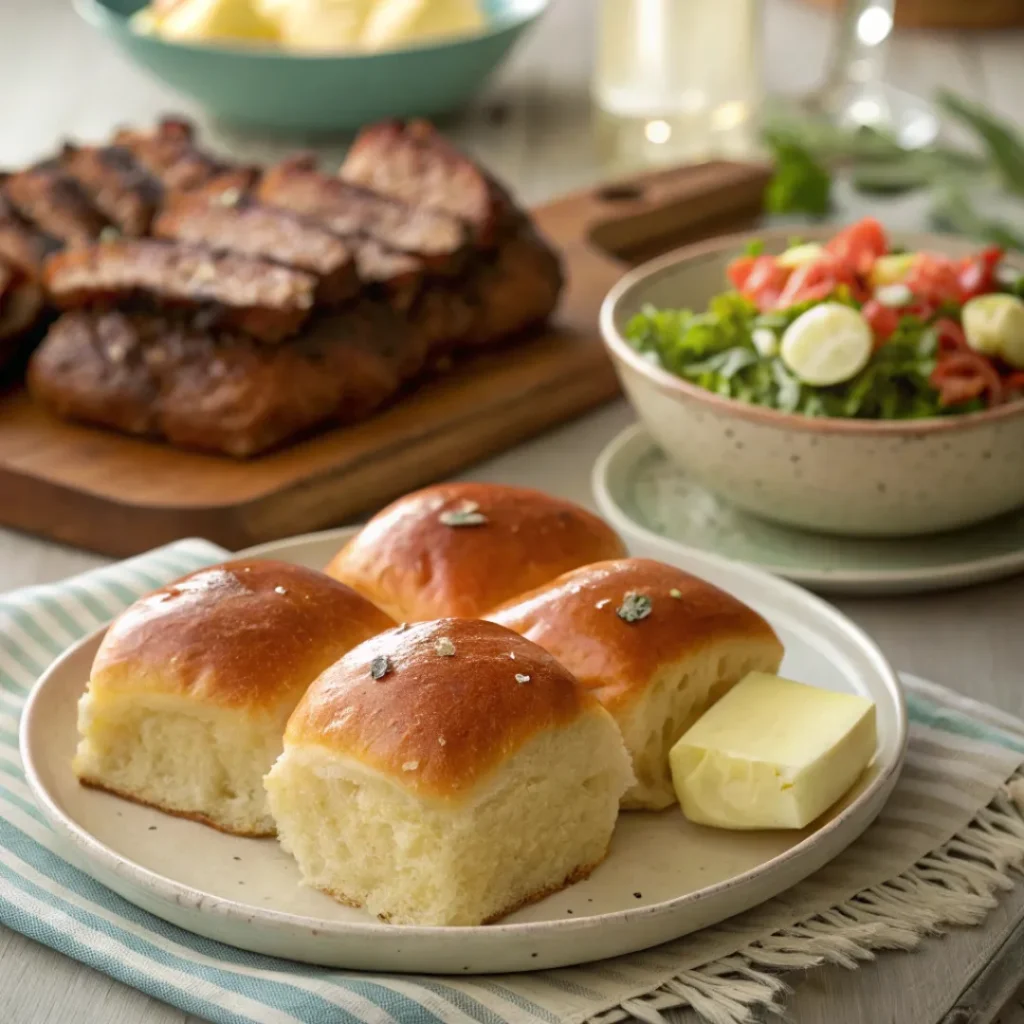 Plated Hawaiian rolls with melted butter and festive meal