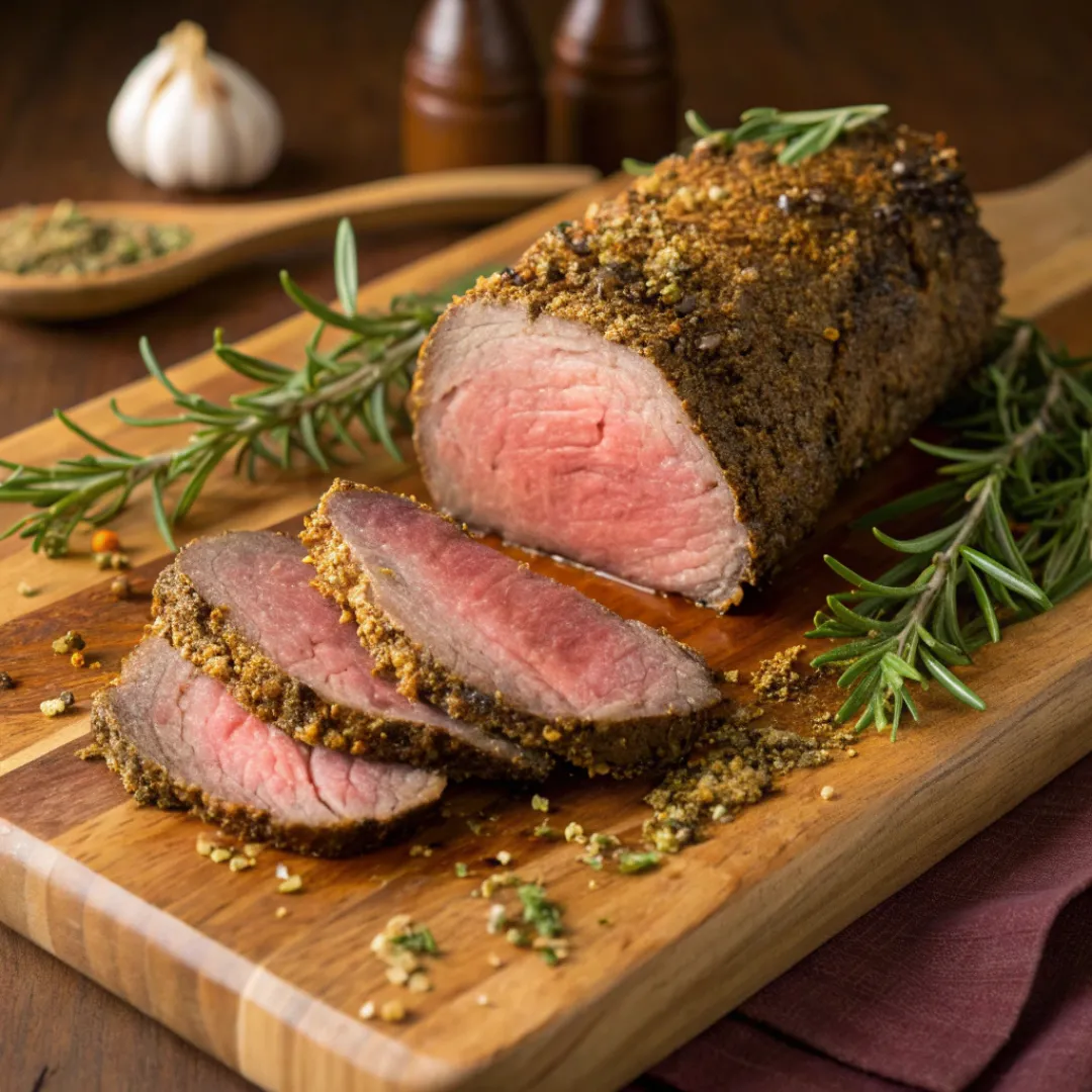 Sliced herb roasted beef tenderloin on a cutting board