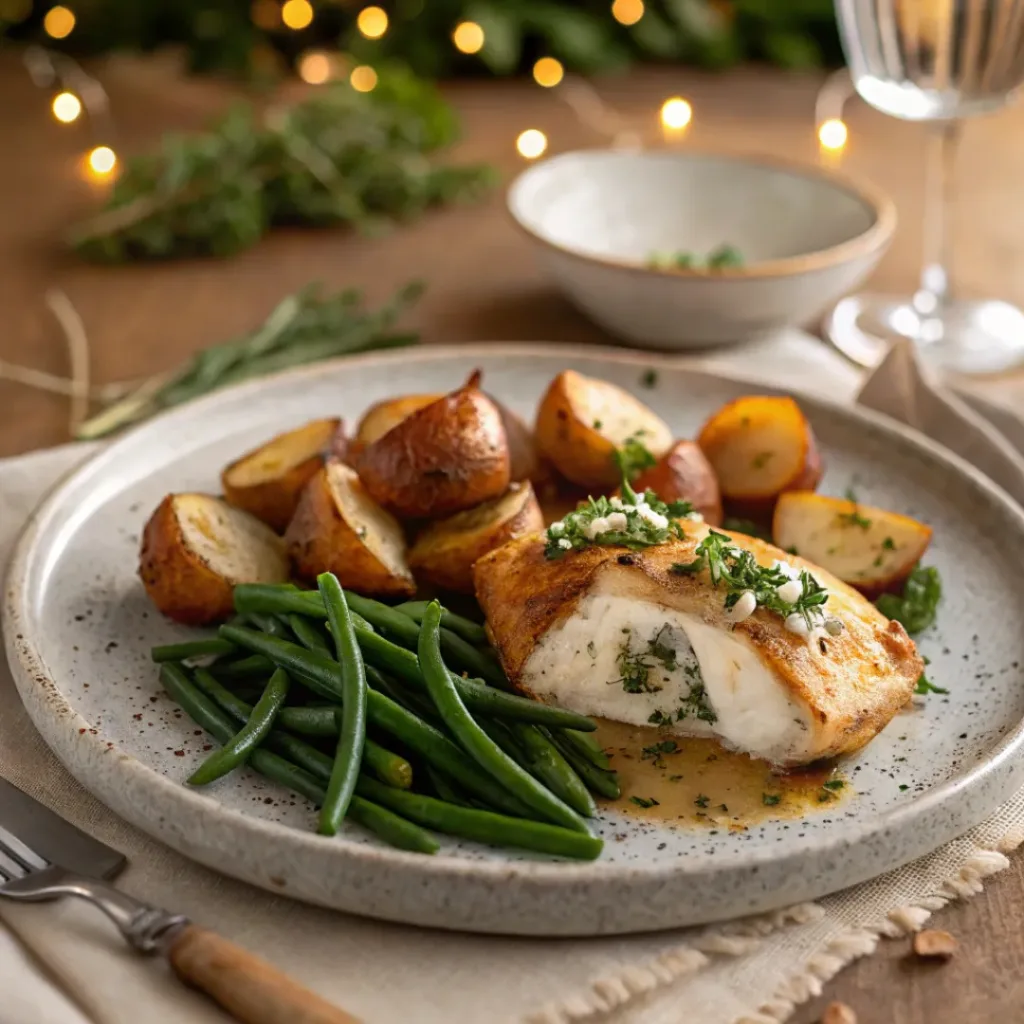Herbed Goat Cheese Stuffed Chicken 8 Stuffed chicken served with roasted potatoes and green beans