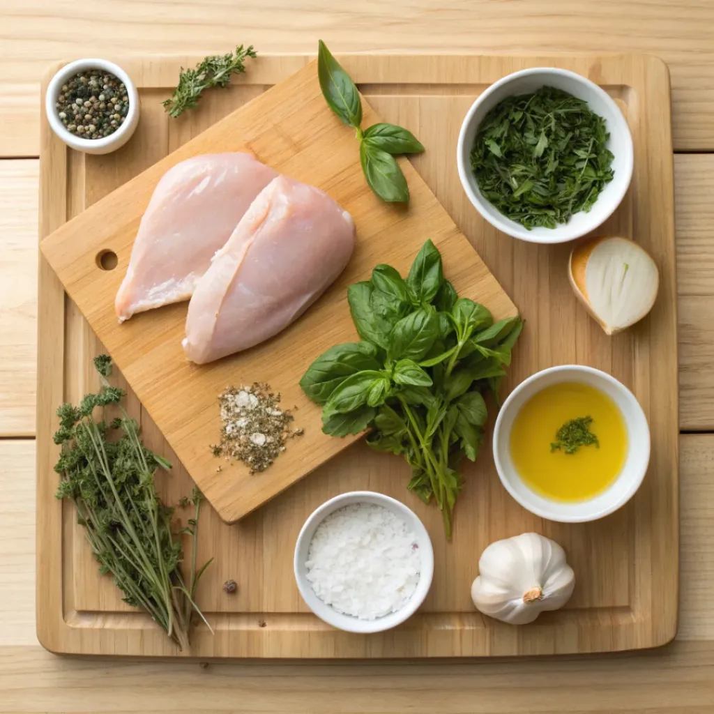 Herbed Goat Cheese Stuffed Chicken 6 Flat lay of ingredients for goat cheese stuffed chicken