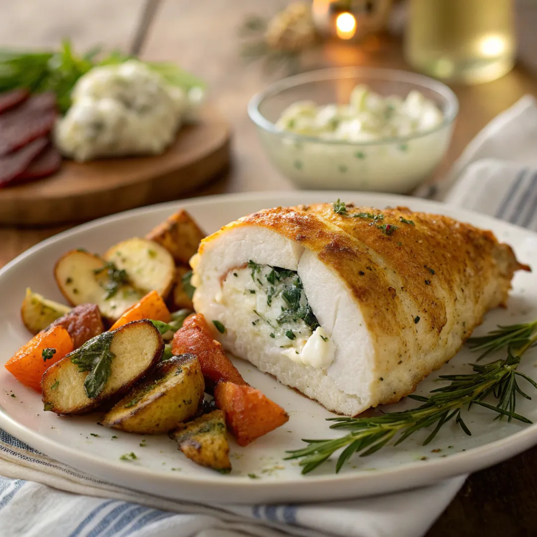 Baked chicken breast stuffed with herbed goat cheese