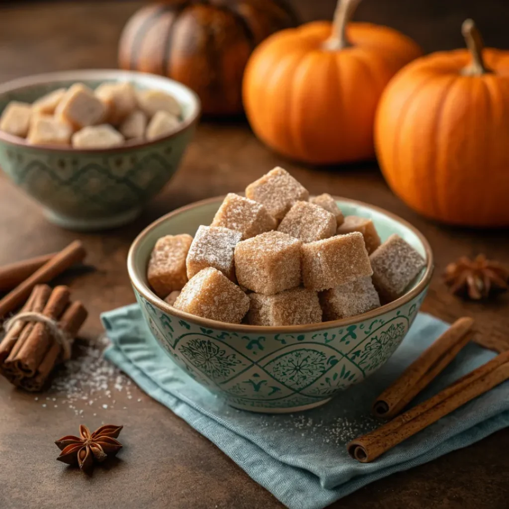 Pumpkin spice sugar cubes in a bowl with cinnamon sticks