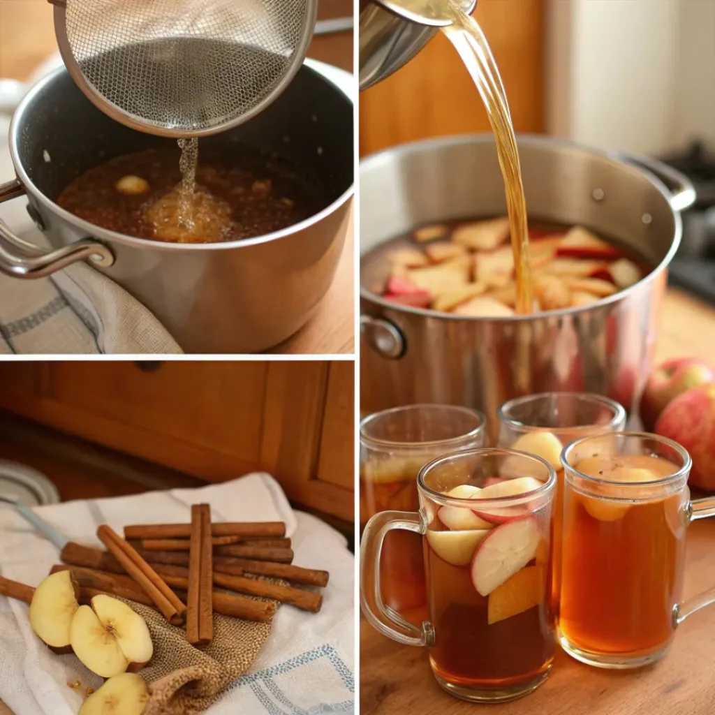Warm Apple Cider with Cinnamon – Cozy Fall Drink Recipe 7 Step-by-step collage of making hot apple cider with cinnamon
